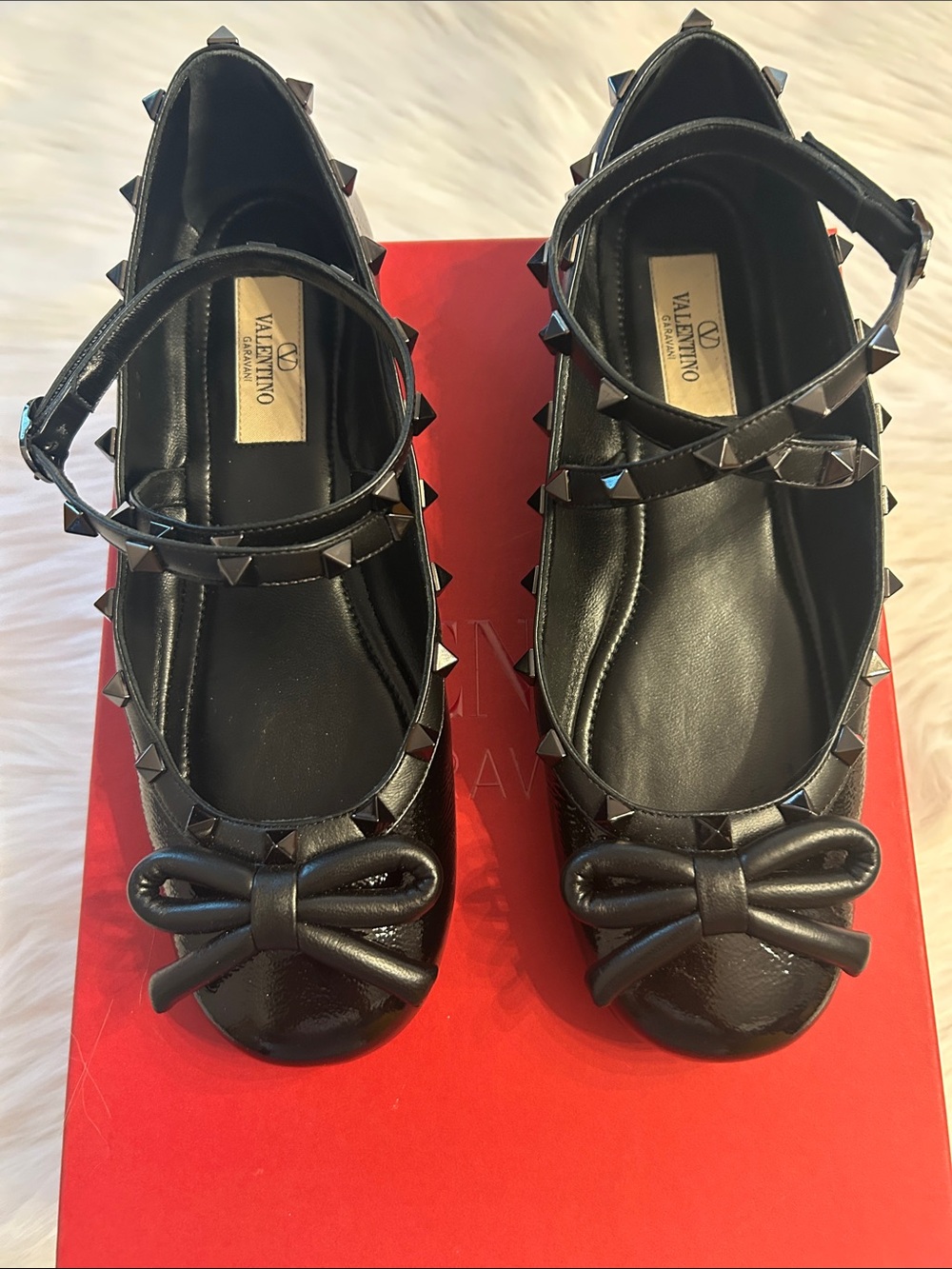 Valentino Black Leather Rockstud Bow Mary Jane Flats